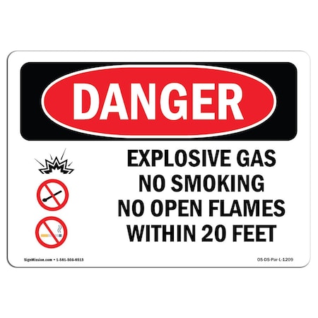 Signmission OSHA Danger, Explosive Gas No Smoking W/in 20 Feet, 5in X 3.5in Decal, 3.5" W, 5" L, Landscape OS-DS-D-35-L-1209